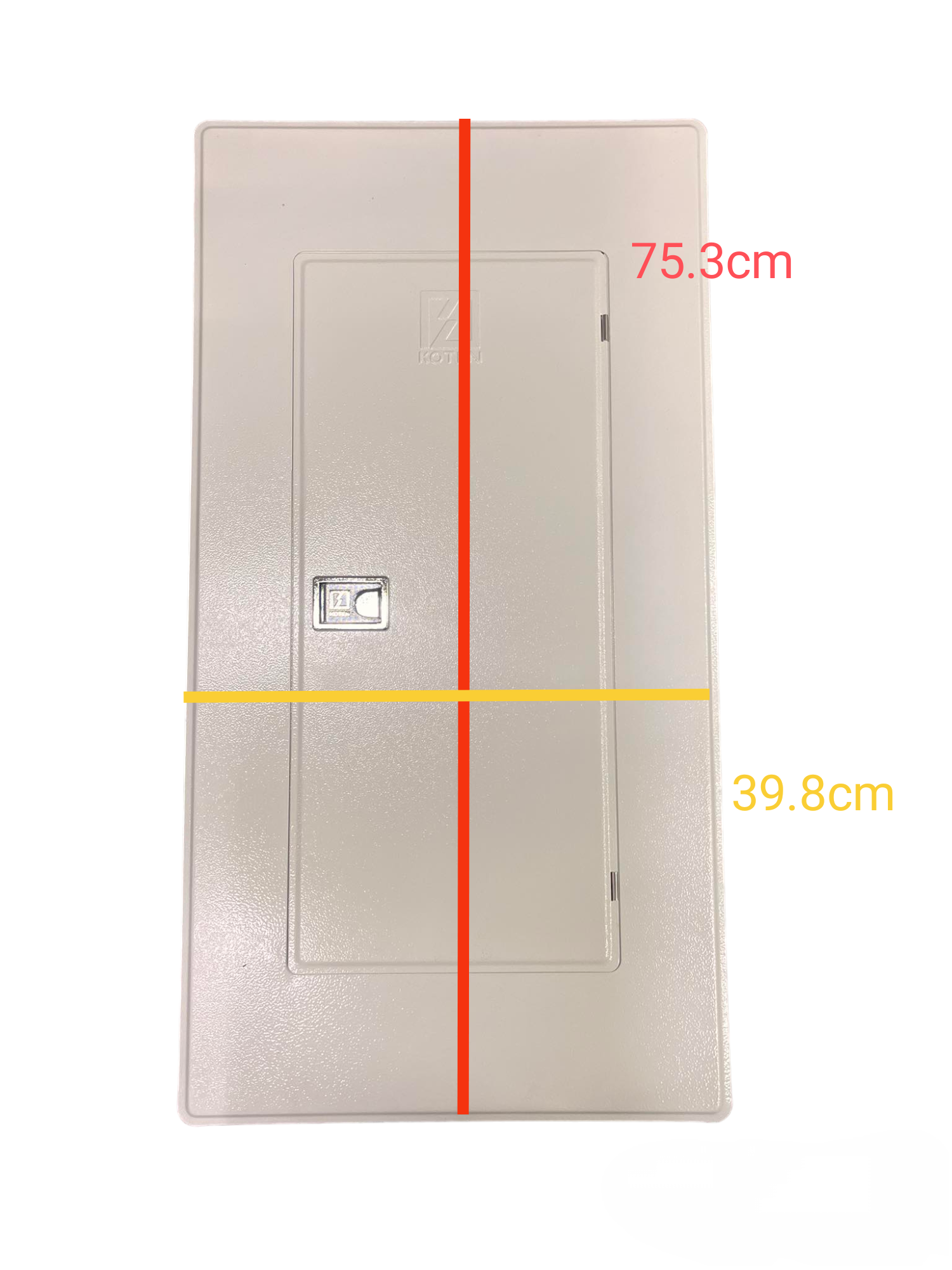 Koten beige metal electrical panel door showing dimensions 75.3cm by 39.8cm Panel Board with 150A 2Pole Main 250SPS