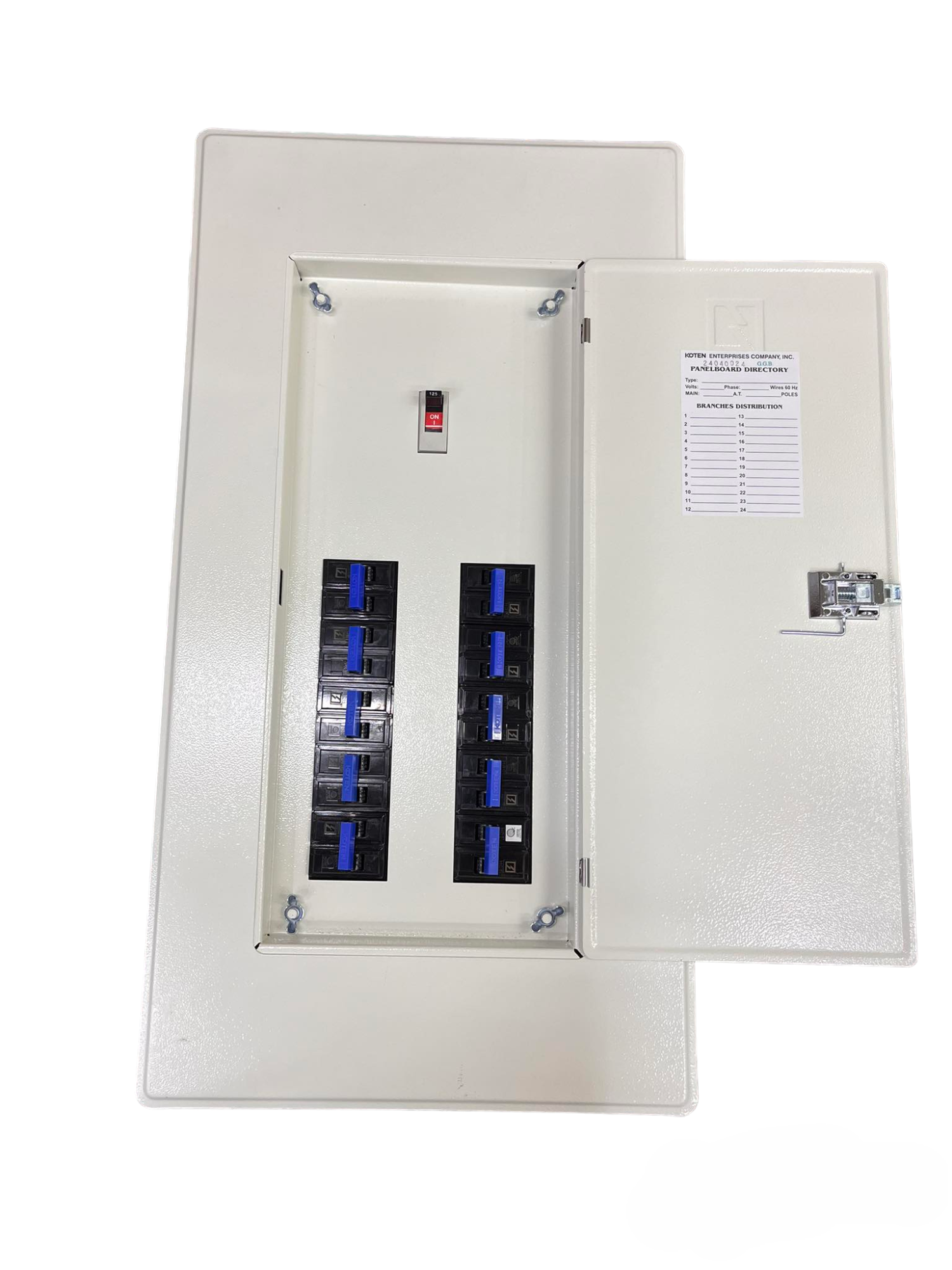 Koten beige electrical panel board open door showing breakers Panel Board with 150A 2Pole Main 250SPS for residential circuits