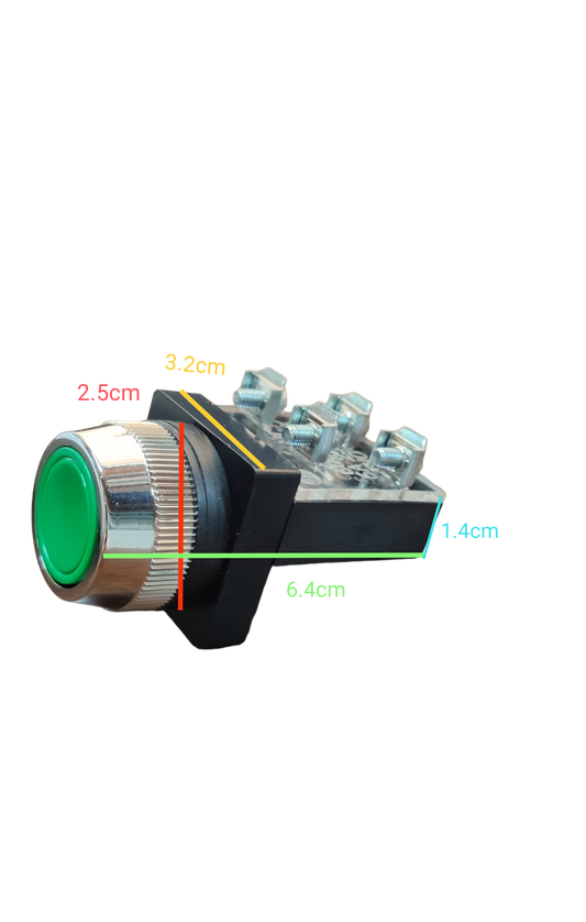 Grippes Push Button Switch Green 30mm 3A metal bezel black housing with three screw terminals
