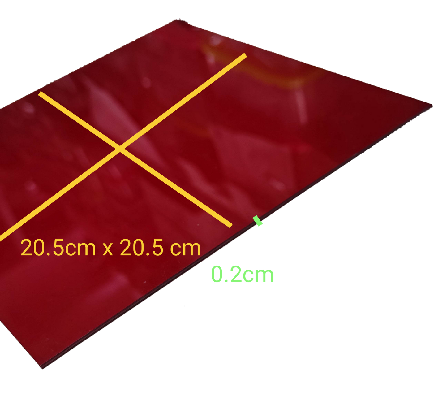 Industrial red acrylic filter sheet measuring 20.5cm x 20.5cm and 0.2cm thick for various applications
