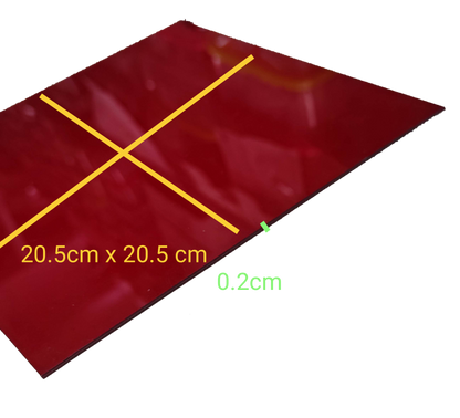 Industrial red acrylic filter sheet measuring 20.5cm x 20.5cm and 0.2cm thick for various applications
