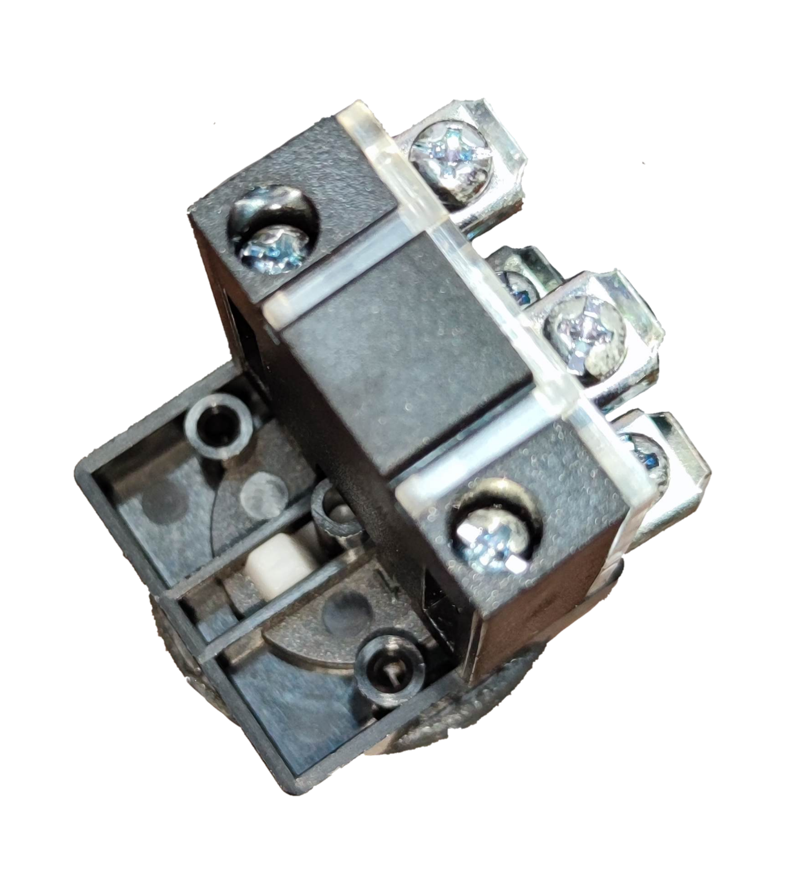 Grippes red push button switch 30mm rear view showing black housing metal screw terminals and contacts