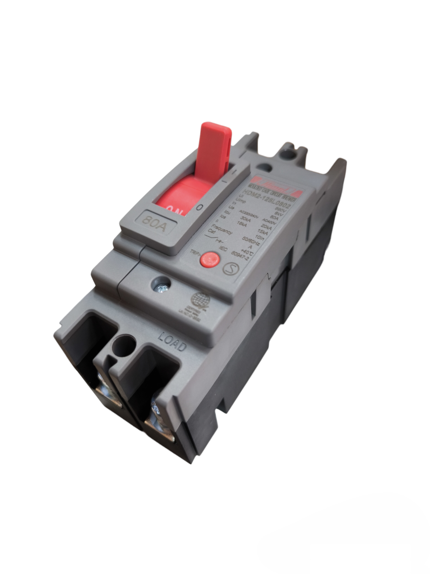 Himel 80A 2 Pole Industrial Circuit Breaker with red toggle switch and gray casing