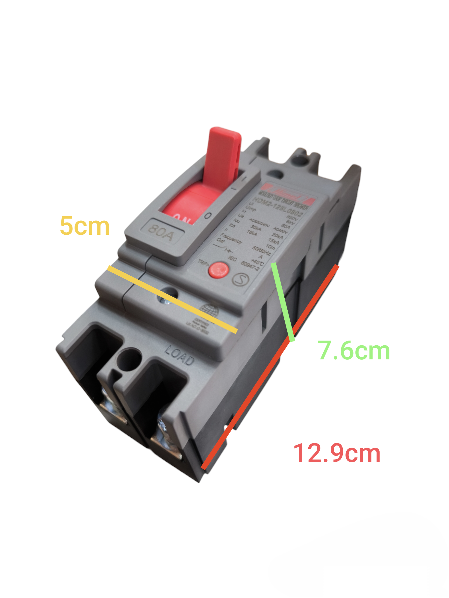 Himel 80A 2 Pole Industrial Circuit Breaker with dimensions 12.9 cm by 7.6 cm by 5 cm in gray and red
