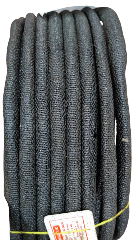 Coil of black braided mica electrical insulation tubing for high temperature wire protection
