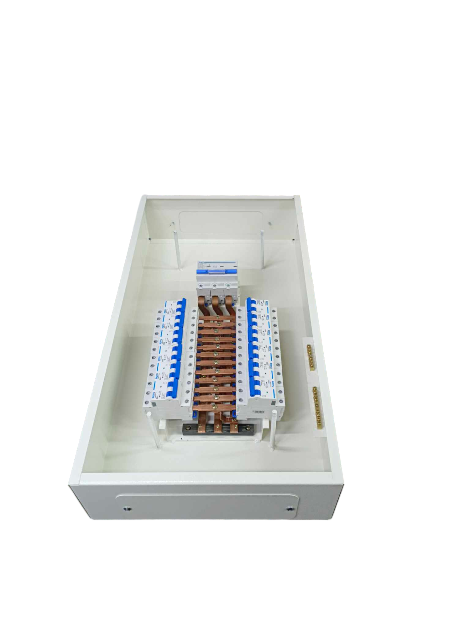 Chint 3 pole main breaker electrical panel with circuit breakers and copper busbars in white casing