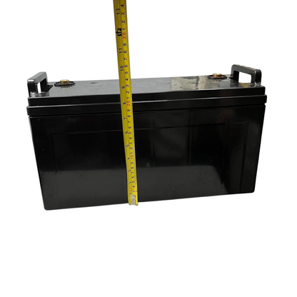 JSL 12V 100AH Lead Acid Battery black rectangular battery with handles and measuring tape