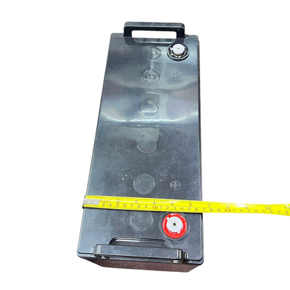 JSL 12V 100AH Lead Acid Battery black rectangular battery with measurement tape showing size