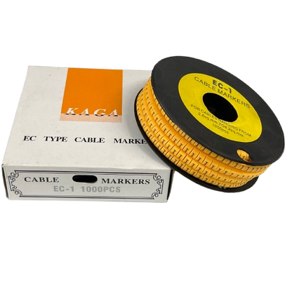 Spool and box of yellow cable markers for wiring identification Cable "I" Marker 2.6mm to 4.2mm Yellow