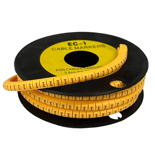 Spool of yellow cable markers with printed I symbols Cable "I" Marker 2.6mm to 4.2mm Yellow for wire labeling