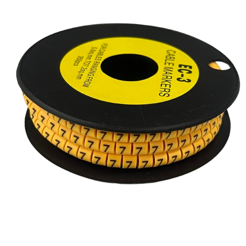 Spool of yellow numeric cable markers showing repeated 7 for wire labeling Cable Marker 7 yellow