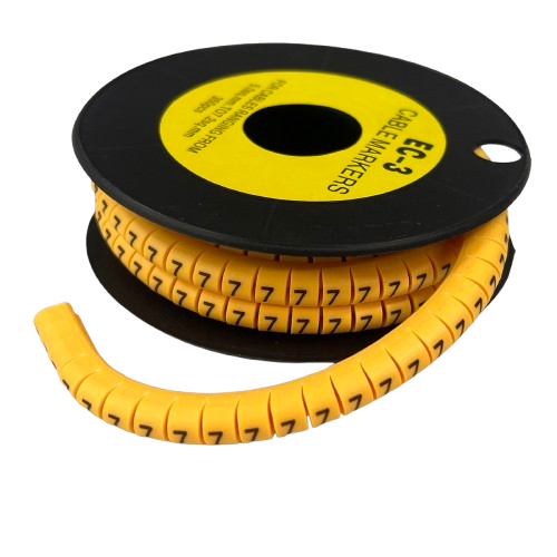 Cable Marker 7 yellow flexible spiral wrap on a black spool with repeated 7 labels for cable identification