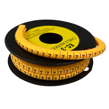 Spool of yellow spiral cable markers printed with repeated 7 for wire ID Cable Marker 7 yellow for organized cable labeling