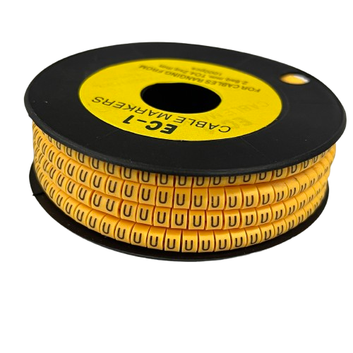 Yellow cable management markers spool labeled EC-1 for organizing and identifying cables