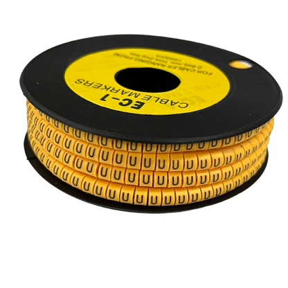 Yellow cable management markers spool labeled EC-1 for organizing and identifying cables
