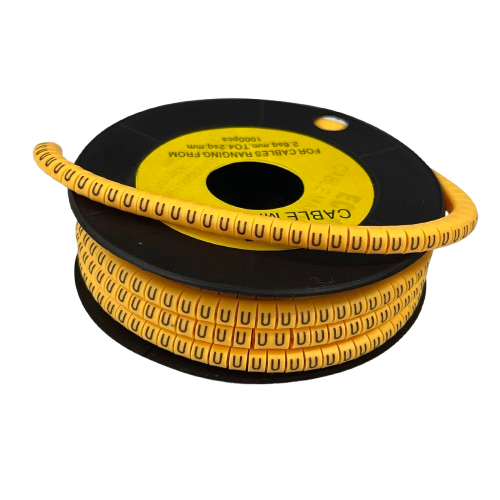 Yellow spiral cable management sleeve for organizing wires on a black spool