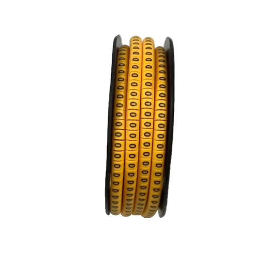 Spool of yellow cable marker beads with 0 printed on each for cable organization 0 Marker 2.6mm to 4.2mm