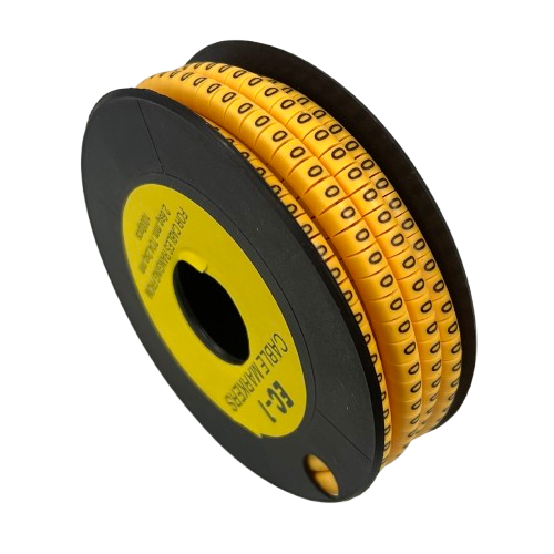 China cable management spool of yellow numeric sleeves showing 0 Marker 2.6mm to 4.2mm on black reel