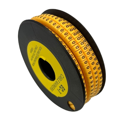 China cable management spool of yellow numeric sleeves showing 0 Marker 2.6mm to 4.2mm on black reel