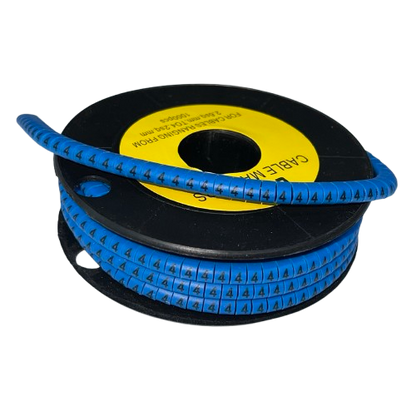 Spool of 4 Cable Marker Blue strips with repeating black 4 printed for cable management organization