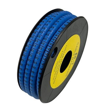 Spool of 5 Cable Marker Blue numbered sleeves on a black reel for wire identification and organization