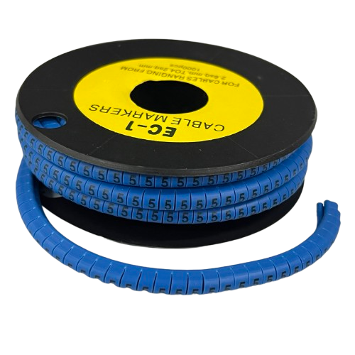 Spool of flexible blue segmented cable markers printed with repeating number 5 for wire ID 5 Cable Marker Blue