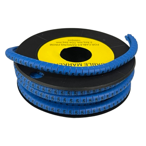 Spool of blue numbered cable markers showing repeated 5 digits for labeling wires 5 Cable Marker Blue