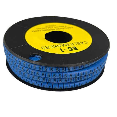 Roll of 5 Cable Marker Blue numeric labels on a reel for cable management and wire identification