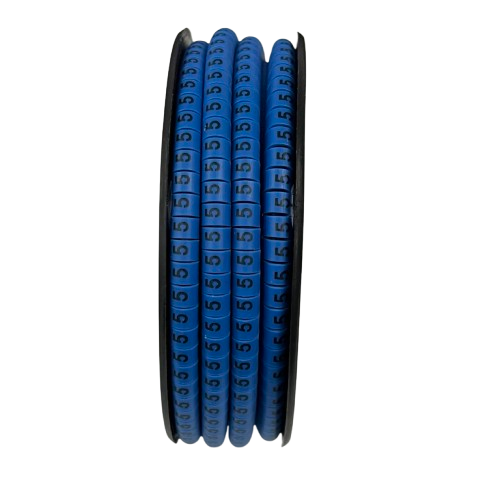 Spool of blue 5 Cable Marker Blue rings with repeated number 5 printed for cable management organization
