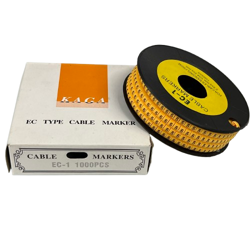 5 Cable Marker Yellow roll of numbered cable markers on spool with box for cable management and cable labeling