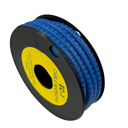 9 Cable Marker 2.6mm to 4.2mm Blue spool of blue numbered cable markers on black reel for cable management