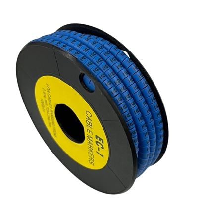 9 Cable Marker 2.6mm to 4.2mm Blue spool of blue numbered cable markers on black reel for cable management