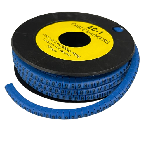9 Cable Marker 2.6mm to 4.2mm Blue on black reel with flexible numbered tubular markers for cable management
