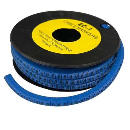 9 Cable Marker 2.6mm to 4.2mm Blue on black reel with flexible numbered tubular markers for cable management
