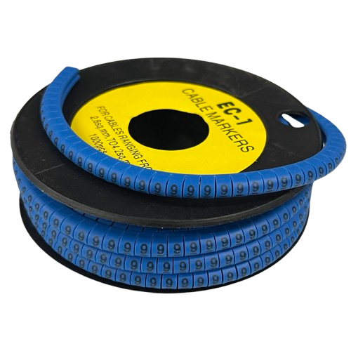 Spool of blue numbered cable markers showing repeated 9 digits 9 Cable Marker 2.6mm to 4.2mm Blue for wire labeling