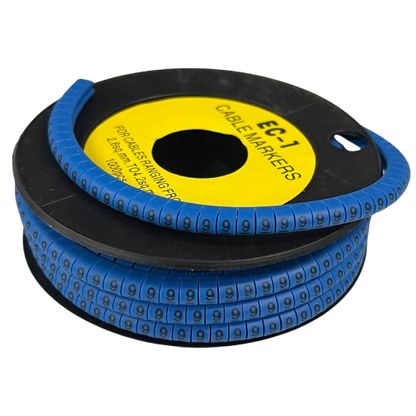 Spool of blue numbered cable markers showing repeated 9 digits 9 Cable Marker 2.6mm to 4.2mm Blue for wire labeling
