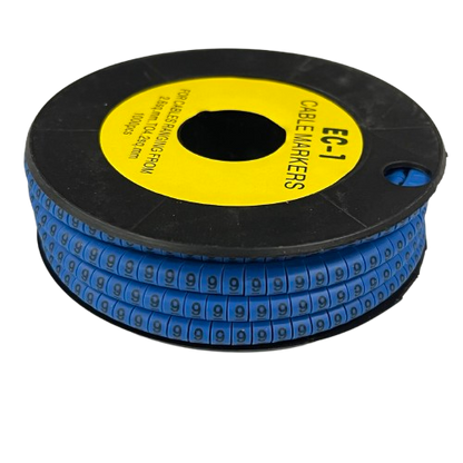 Spool of 9 Cable Marker 2.6mm to 4.2mm Blue numeric labels on a black reel for cable management