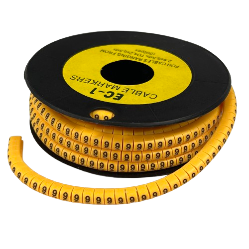 Spool of yellow numeric cable markers showing repeated 9s for cable organization 9 Marker 2.6mm to 4.2mm Yellow