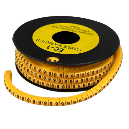 Spool of yellow numeric cable markers showing repeated 9s for cable organization 9 Marker 2.6mm to 4.2mm Yellow
