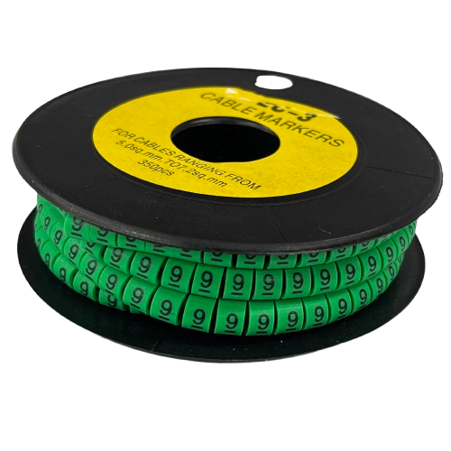 9 Marker 5.0mm to 7.2mm Green cable markers on black spool for cable management and wire identification