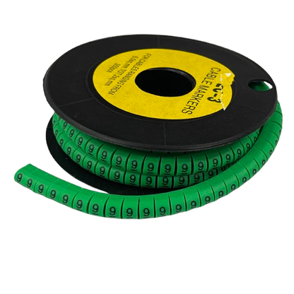 Green cable marker reel with repeated 9 labels for wire identification 9 Marker 5.0mm to 7.2mm Green