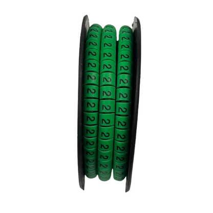 Spool of green circular cable labels with printed 2 for wire identification Cable Marker 2 Green