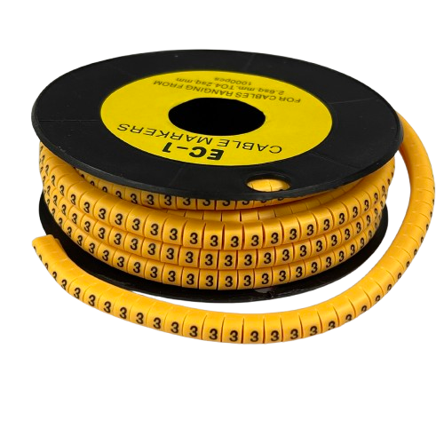 Spool of Cable Marker 3 Yellow spiral wrap labels with repeating number 3 for cable management