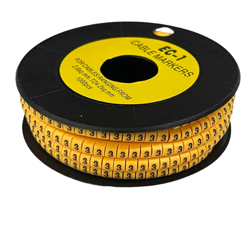 Spool of yellow numeric cable labels showing repeated 3 markers Cable Marker 3 Yellow for wire identification
