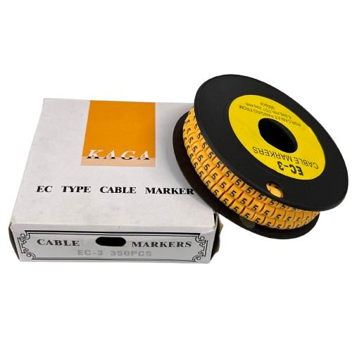 Grippes Cable 5 Marker -3 Yellow roll of numbered cable markers on black spool with white box
