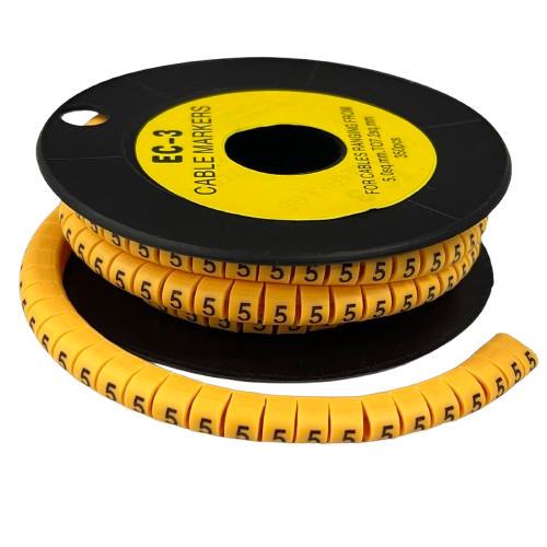 Grippes cable management reel with Cable 5 Marker -3 Yellow spiral markers labeled 5 for wire identification