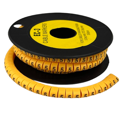 Grippes cable management reel with Cable 5 Marker -3 Yellow spiral markers labeled 5 for wire identification