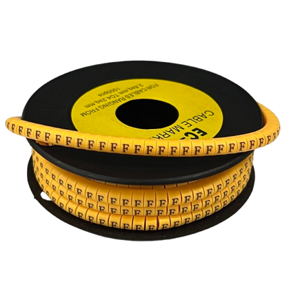 Spool of yellow cable markers with repeated F labels Cable "F" Marker 2.6mm to 4.2mm Yellow for wiring
