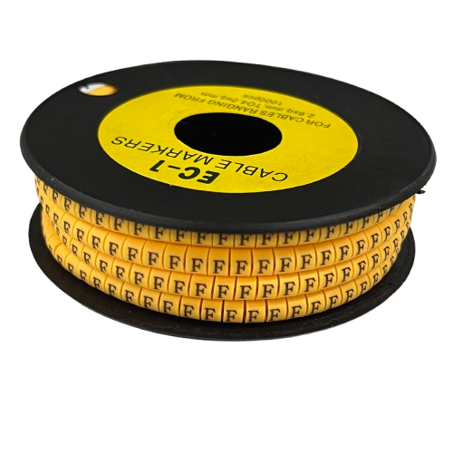 Spool of yellow cable ID rings with repeated F labels on black reel for wiring organization Cable "F" Marker 2.6mm to 4.2mm Yellow