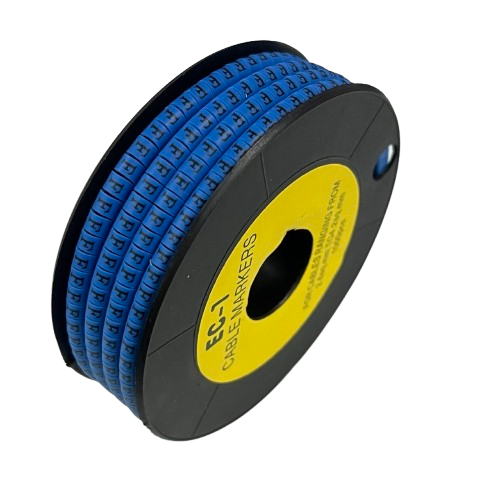 Spool of blue cable markers labeled with repeated F characters Cable "F" Marker 2.6mm to 4.2mm Blue